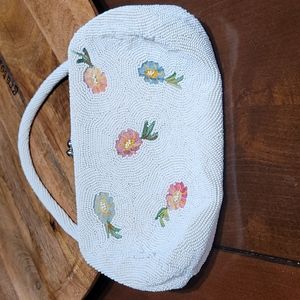 Vintage 1950's ivory floral beaded purse